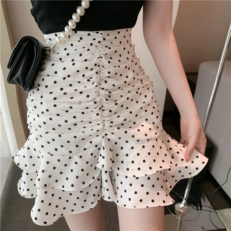 

Women fashion polka dot print pleated Sexy Mini skirt faldas mujer ladies back zipper vestidos chic ruffles skirts