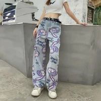 famous fashion high waisted wide leg jeans female straight loose thin daddy pants vintage washed rabbit print jeans woman jeans