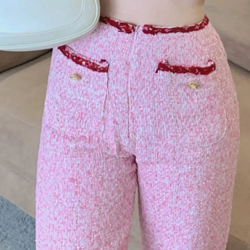 

High Quality Sweet Pink Ensembles Femme Single Breasted Short Tweed Vest +straight Trousers Two-piece Suit 2021 Summer Pants Set