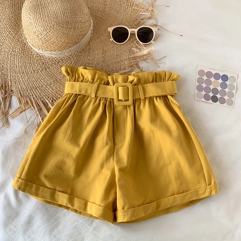 

Summer Casual High Waist Elastic Women Shorts Solid Wide Slimming Leg Loose Cotton Short Pants with Belt for Sweet Girl 2021 New