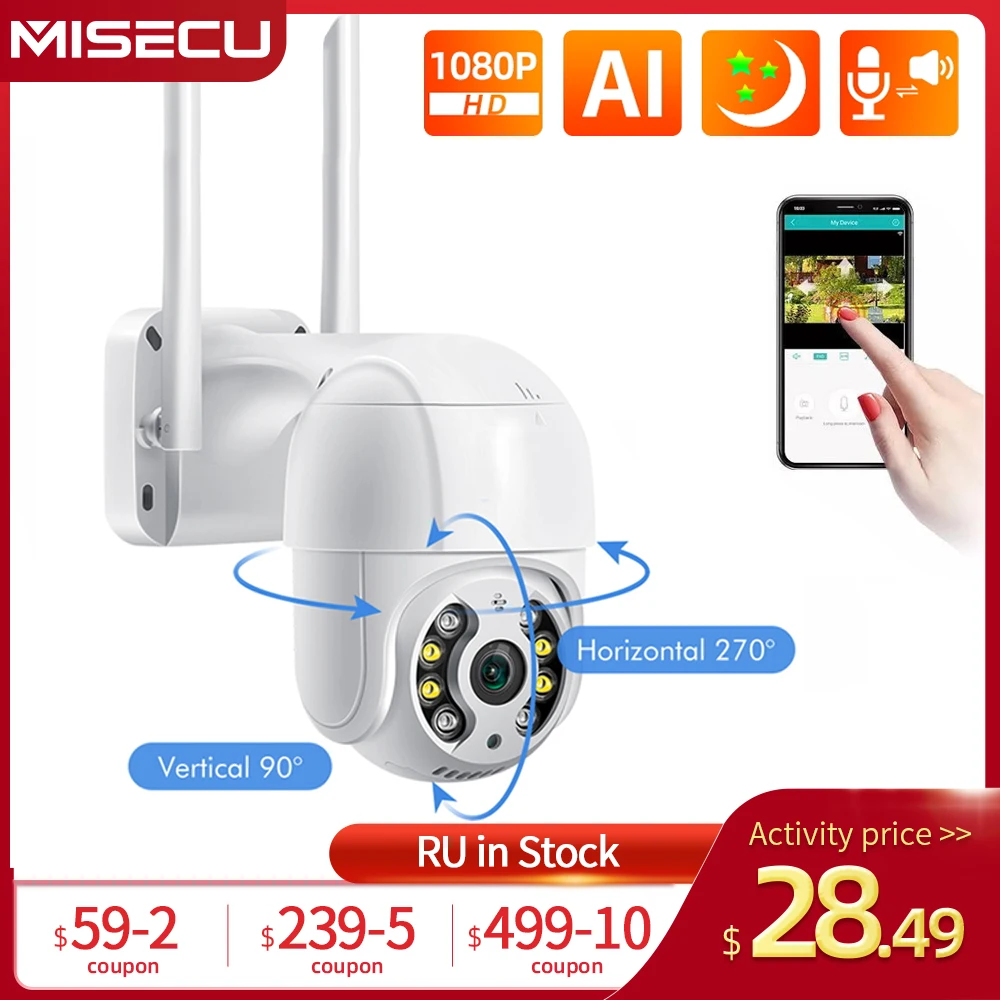 MISECU 1080P Wi Fi Камера открытый 2MP домашней безопасности PTZ IP Беспроводной купол AI Цвет