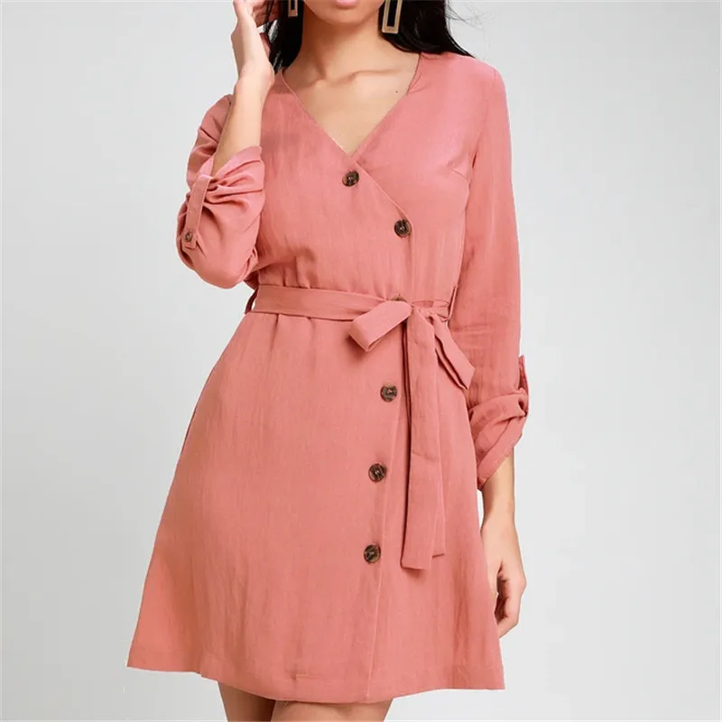 

Spring Casual Slim Fashion Women's Short Skirt French Elegant Solid Color High Waist V-neck Lace Chiffon Ladies Dress