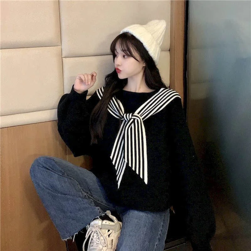 Autumn And Winter New Small Fresh Foreign Style Aging Design Feeling Loose Lazy Wind Bat Long Sleeve Sweater Top Women's Bow images - 6