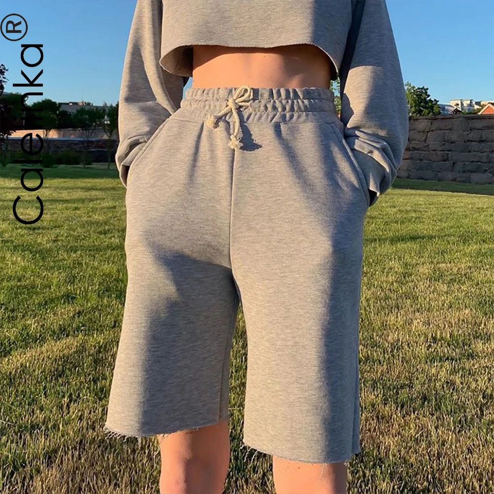 

Однотонные мешковатые шорты Calelinka с кулиской для женщин, милые корейские спортивные шорты в стиле Харадзюку, женские уличные спортивные шор...