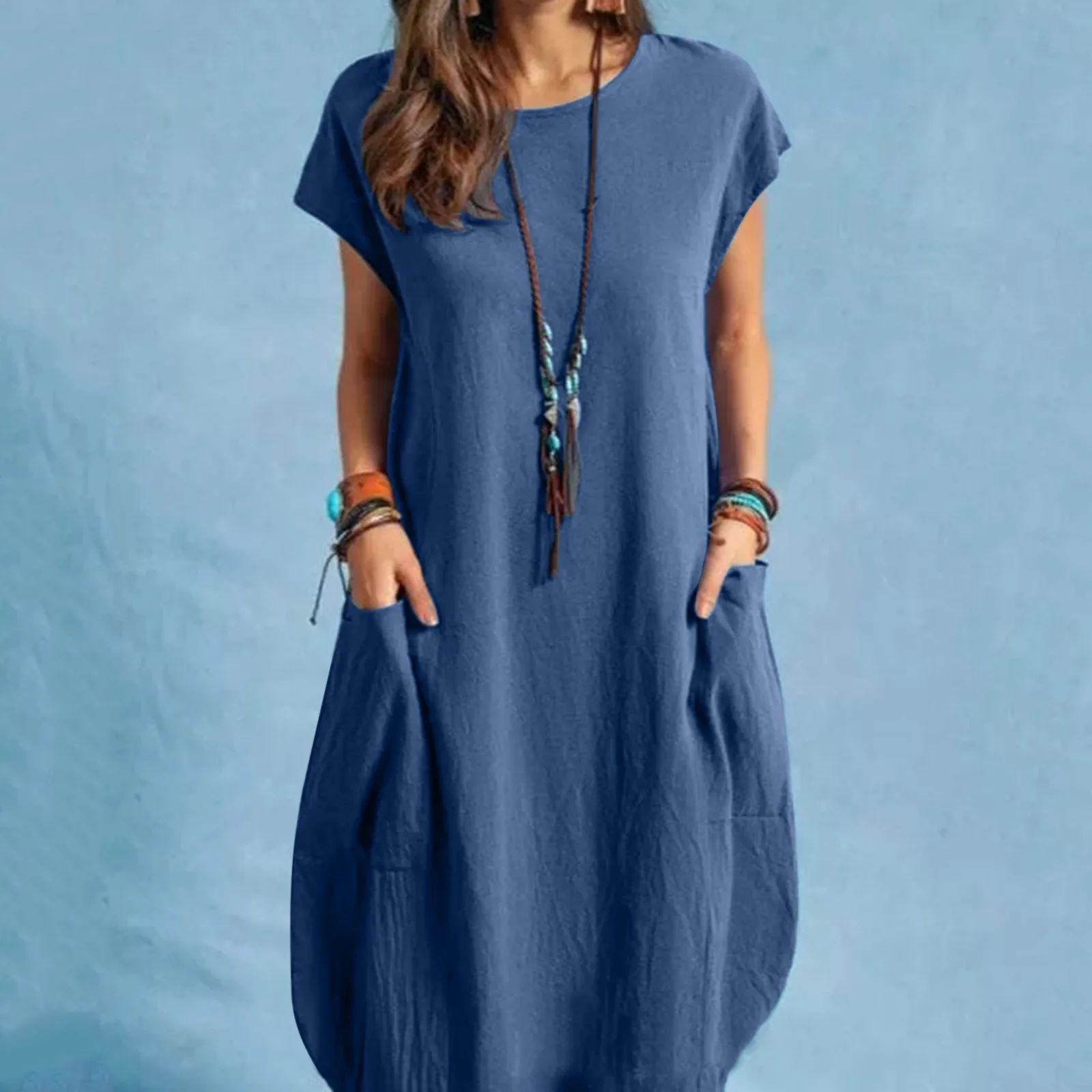 

Women Casual line Solid Dress Short Sleeve Loose Pocket Loose Dress Boho Summer Dress Plus Size Robe Femme Повсе Дневные 2021
