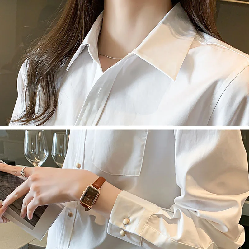 

White Shirt Women's Top 2021 Spring Loose Long Sleeves Pockets Solid Blouses Dropshipping Button Up Blusas Female Vintage 0139