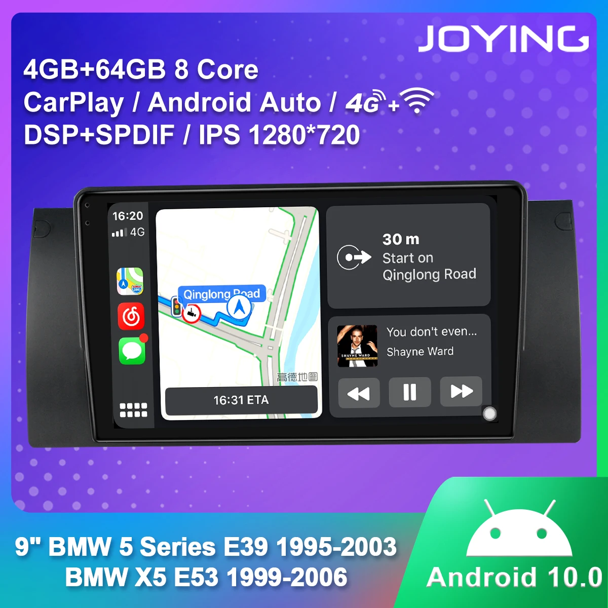 

JOYING Android 10.0 Car Radio head unit 9 inch IPS screen for BMW 5 Series E39 1995-2003 BMW X5 E53 1999-2006 RDS with Carplay
