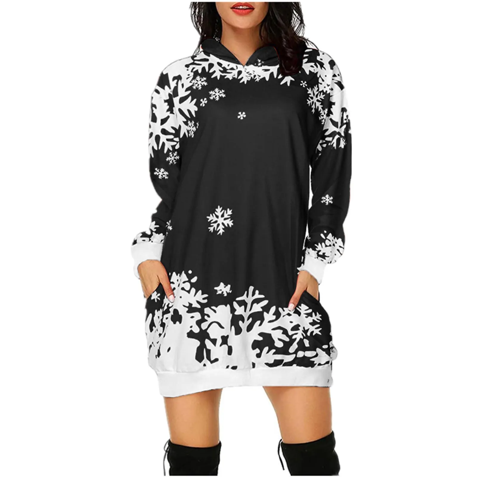 

Fashion women's snowflake print sweater thick bag hip slim fit pocket hoodie ultra short winter Christmas dress