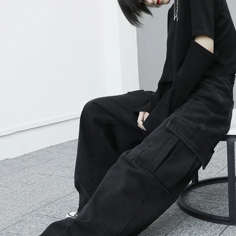 

[EAM] Vintage Big Pockets Wide Leg Black High Waist Trousers New Loose Fit Pants Women Fashion Tide Spring Autumn 2021 1DD5022