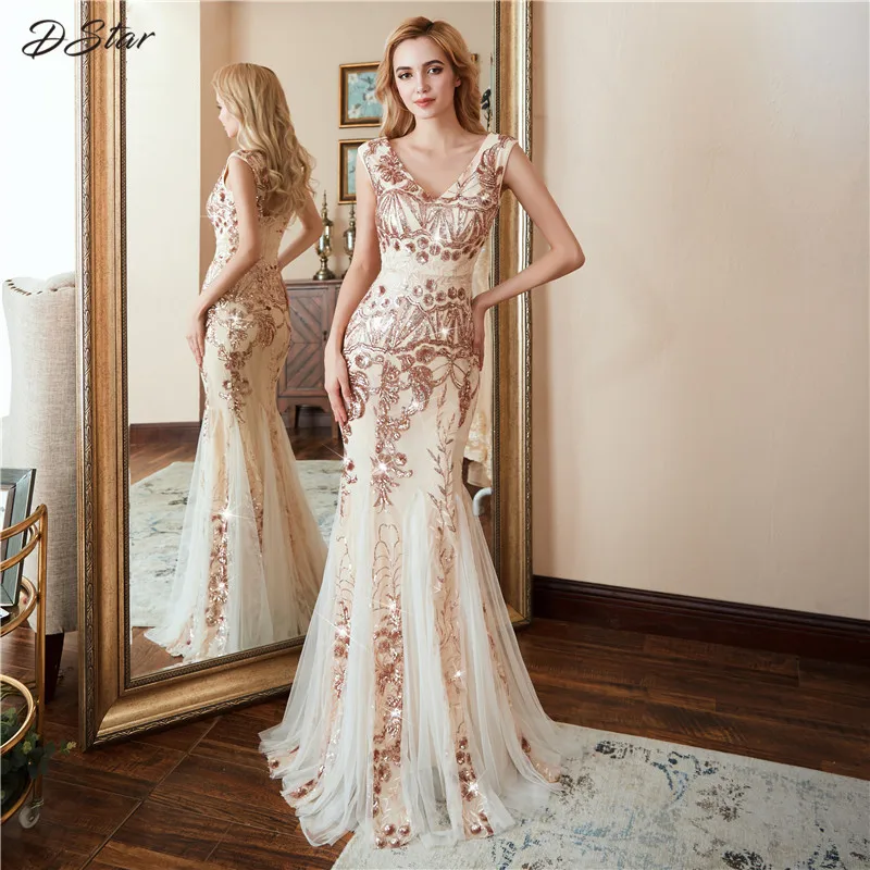 Элегантный Русалка из золотых цветов, платья с блестками, платье vestido de festa, сексуальным вырезом на спине и халат вечерние Макси платья женские платье длинное платье