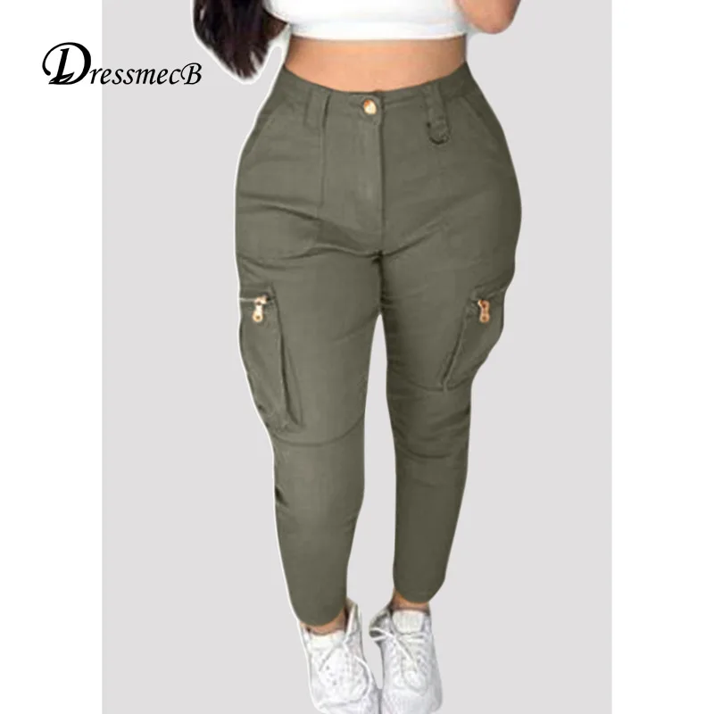 

Dressmecb Button Pockets Cargo Pants For Women Mid Waist Streetwear Casual Long Trousers Female Zippers Solid Autumn Pants 2021