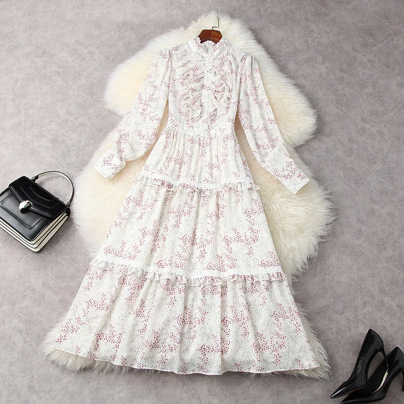 

New Spring summer 2021 cute ruffles dress elegant a-line mid-calf floral print chiffon long sleeve dresses