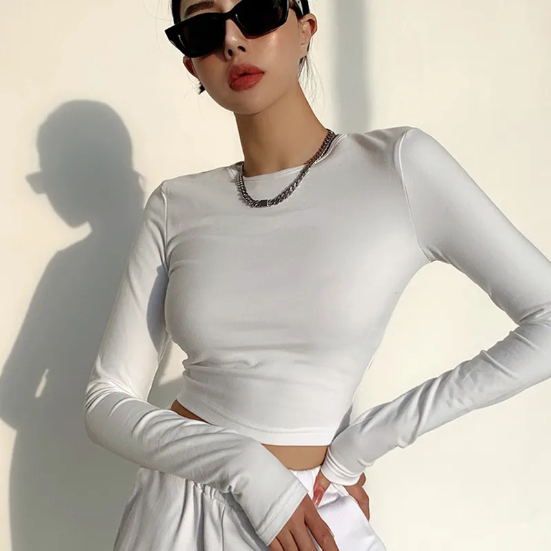 

Brushed O-Neck Crop Tops For Women Tight Fitting Solid Cropped Long Sleeve Short T-shirts 2021 Fall Sport Female T Shirt T023