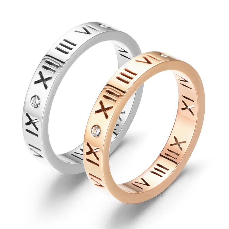 

Roman Numeral Stainless Steel Inlaid Zircon Numeral Ring Titanium Steel Couple Ring Jewelry Wholesale