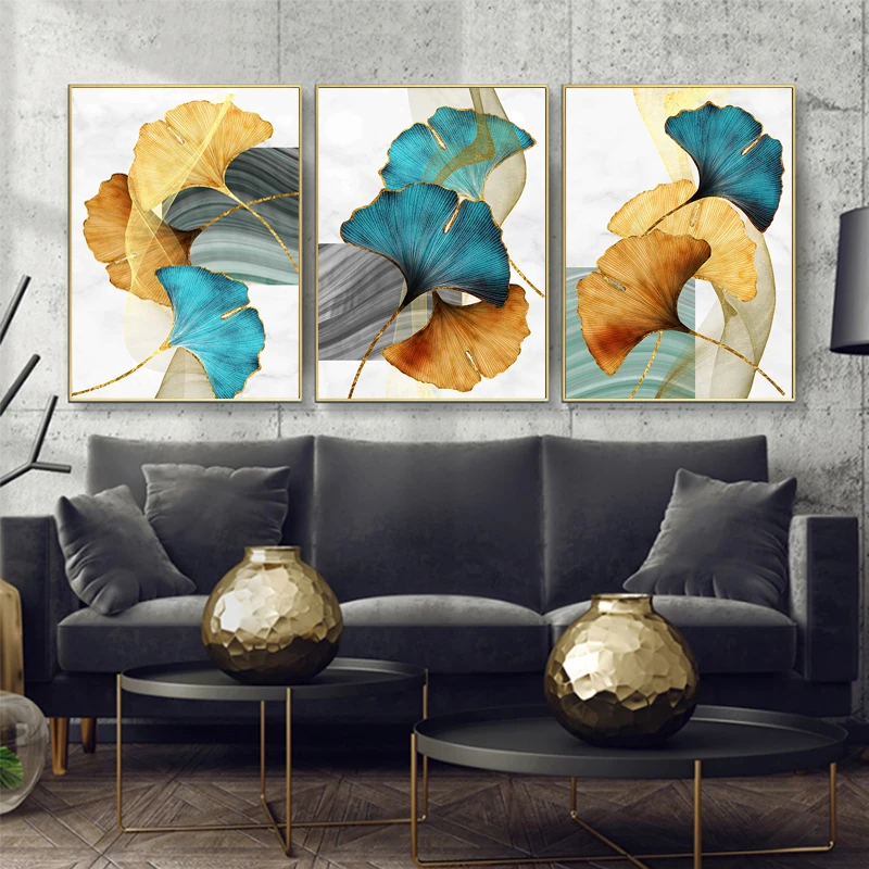 3 paneles de hojas verdes doradas, impresiones artísticas de pared nórdica, Cuadros...