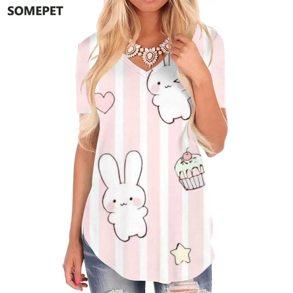 Футболка женская с принтом в виде кролика V образным вырезом|Футболки| |