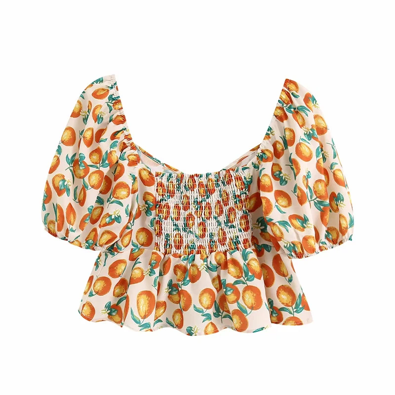 Женская модная короткая блузка с принтом фруктов и рукавами фонариками