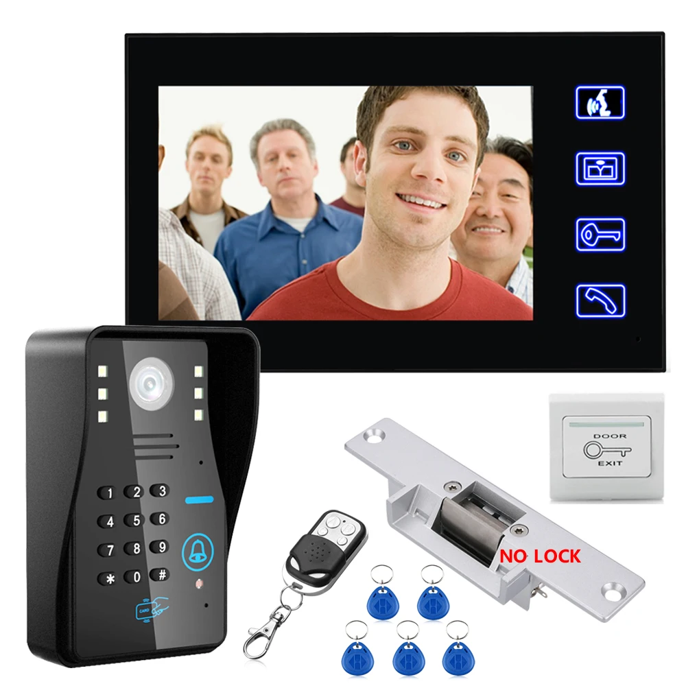 

7 Inch RFID Password Video Door Phone Intercom Doorbell System with RFID Keyfob 1000 TV Camera with NO-Electric Strike Door Lock