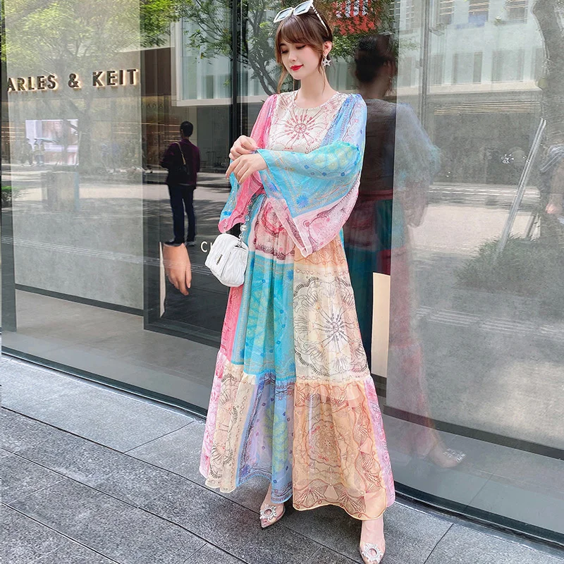 

DIDABOLE Fashion Bohemia New Dress Women'S Summer Flare Sleeve Patchwork Print Elegant Party Long Chiffon Dress