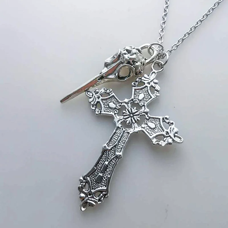 Крест и череп птицы ожерелье с подвеской в виде головы подвески Цепи Wicca