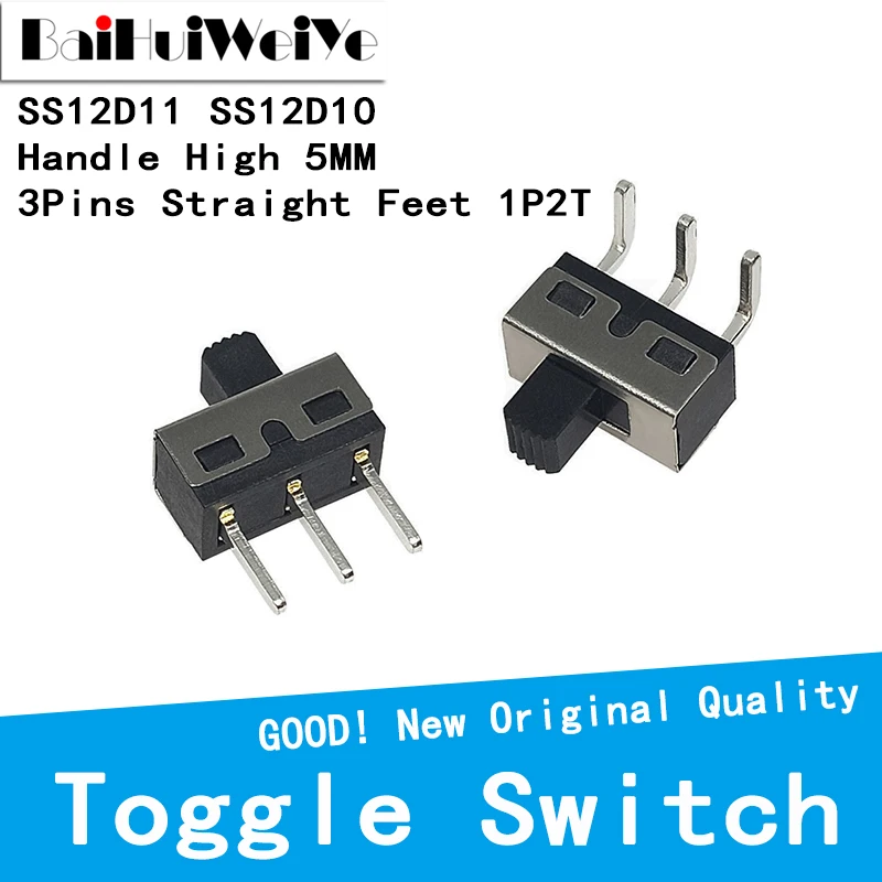 

10PCS/LOT SS12D10 SS12D11 Toggle Switch 3Pins Straight Feet 1P2T Handle High 5mm Spacing Of 4.7mm 3A 250V SS12D10G5 Right Angle