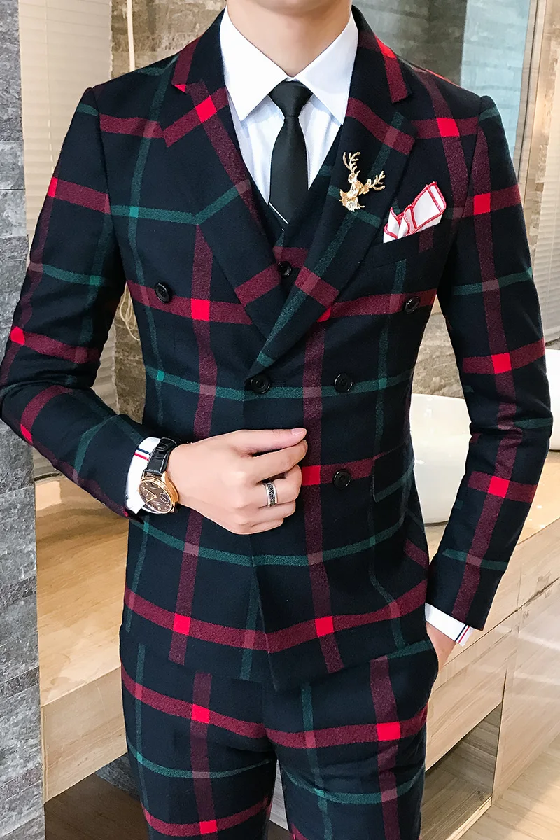 

Red Plaid Suit For Men 2020 New Party Wedding Suits Men Costume Mariage Homme Check Male Suit British Style (Jacket +Vest+Pant)