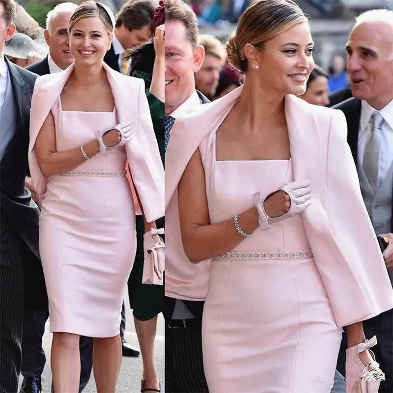 

Pink Mother Of The Bride Dresses Sheath Knee Length Satin Beaded With Jacket Short Groom Mother Dresses For Weddings
