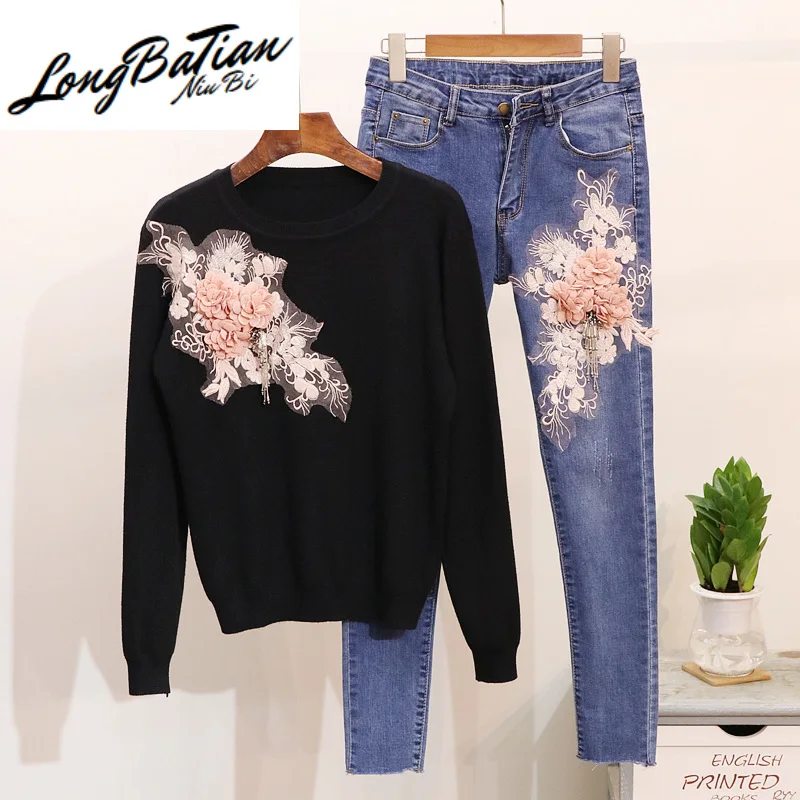 

Embroidery Knitted Sweater Jeans Pants Women Set 2pcs Spring Autumn Fashion Sequins Long sleeve Tops Beading Denim Trousers Suit