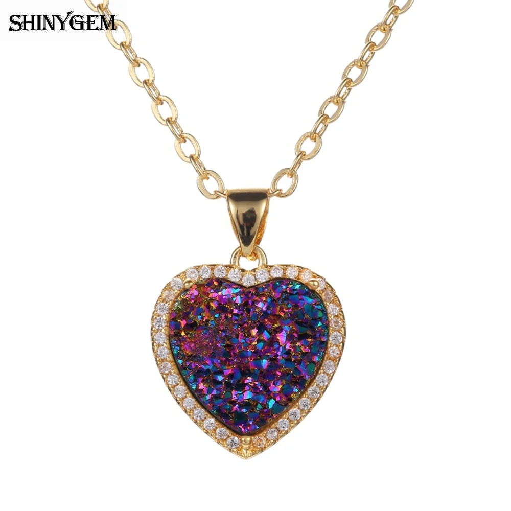 ShinyGem Мода 12*12 мм Любовь Сердце натуральный сверкающий кристалл Druzy Кулон ожерелье
