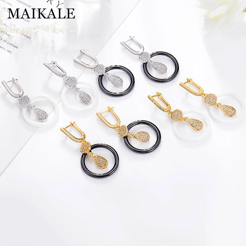 Женские серьги подвески MAIKALE круглые керамические с кубическим цирконием и