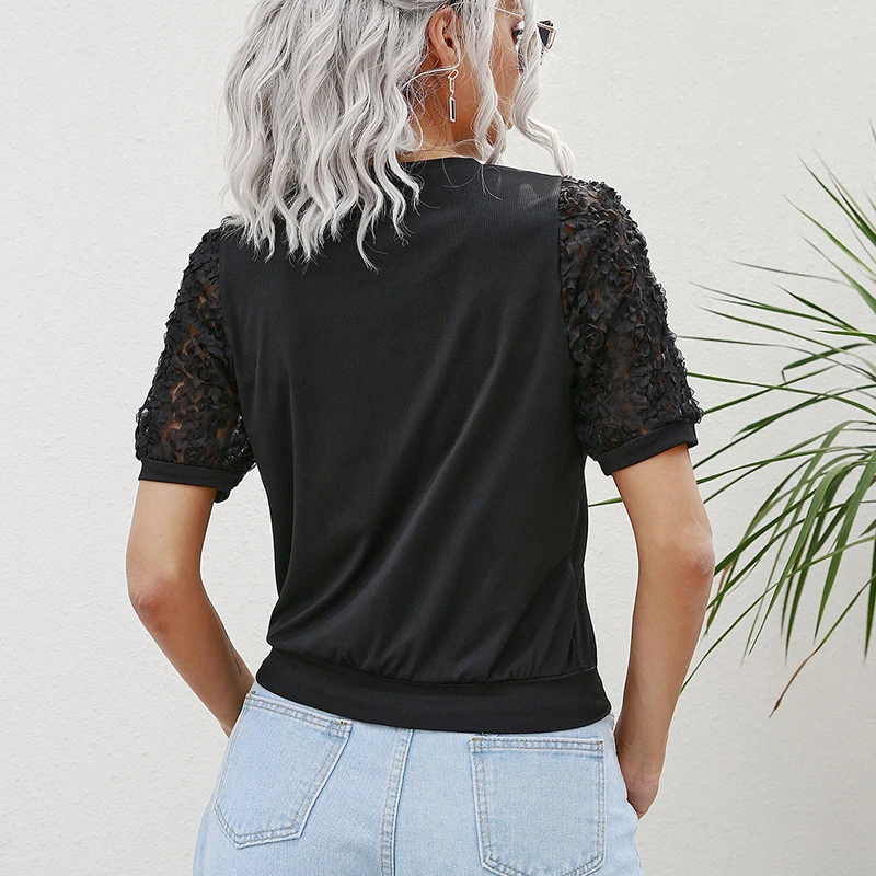 

Women Black Lace Short Sleeves Women Summer Casual Tshirt Clothes Women Tops for Women