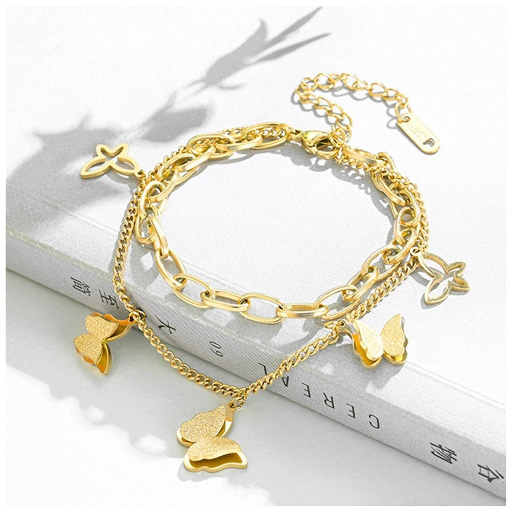 

Stainless Steel New Fashion Upscale Jewelry Elegant 2 Layers Frosted 3 Butterfly Charm Chain Bracelets Bangles For Women