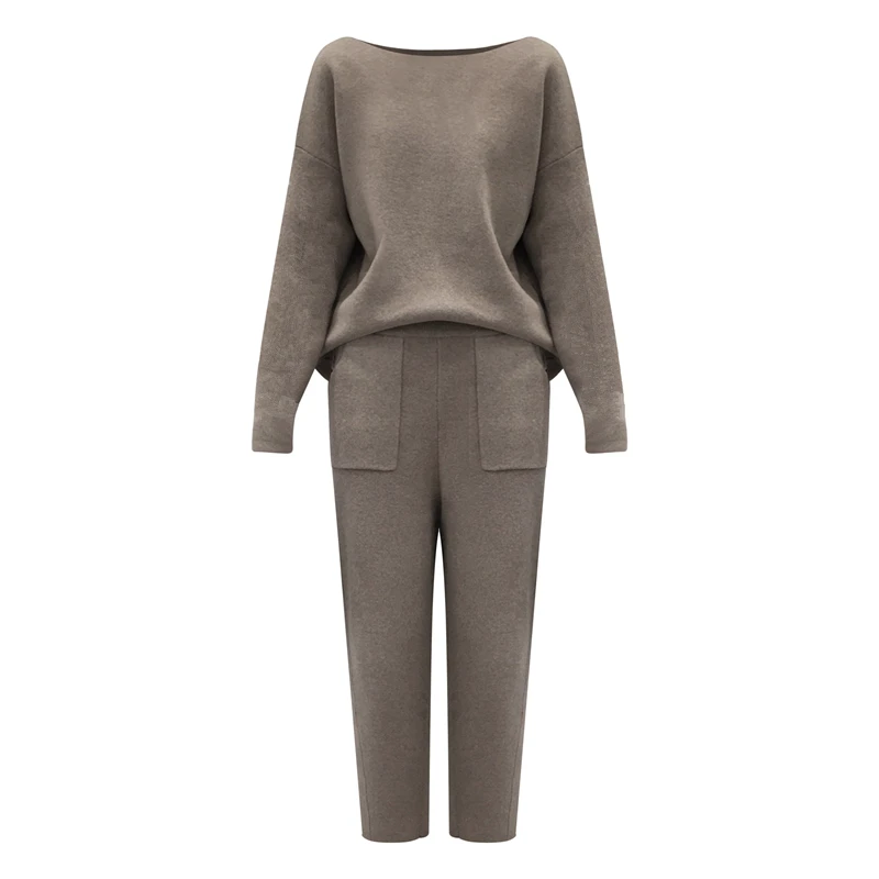 

Knitted 2 pieces Set Tracksuits Women Thick Warm O-neck Loose Sweater+Ankle-Length Pants Warm Cashmere Suit
