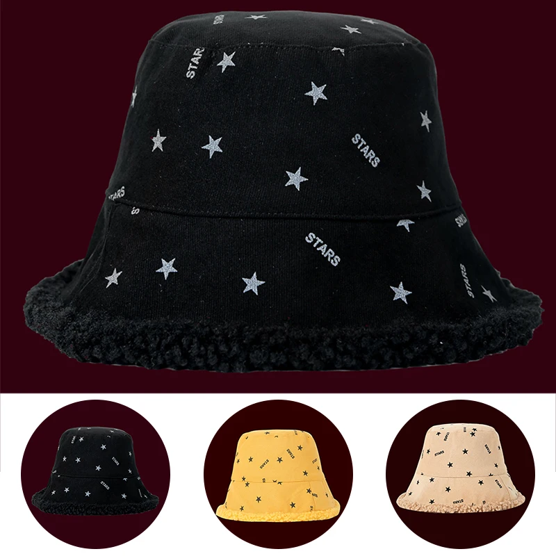 

Women Fisherman Hat Winter Warm Windproof Fleece Bucket Cap Stars Letter Print Autumn Fashion Clothes Matching Outdoor Headdress