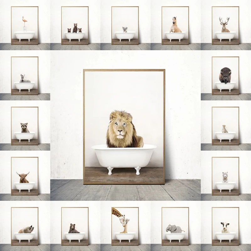 

Baby Animal Elephant Lion Zebra Bathtub Nursery Cuadros Wall Art Canvas Painting Posters Prints Picture Bathroom Toilet Kid Room