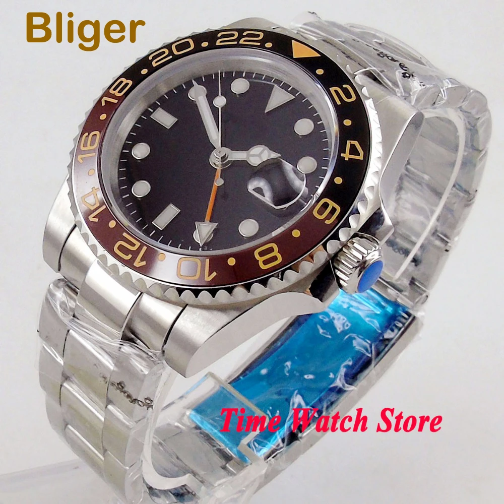 Bliger 40 мм GMT 3804 черный циферблат Автоматические наручные часы Мужские сапфировое