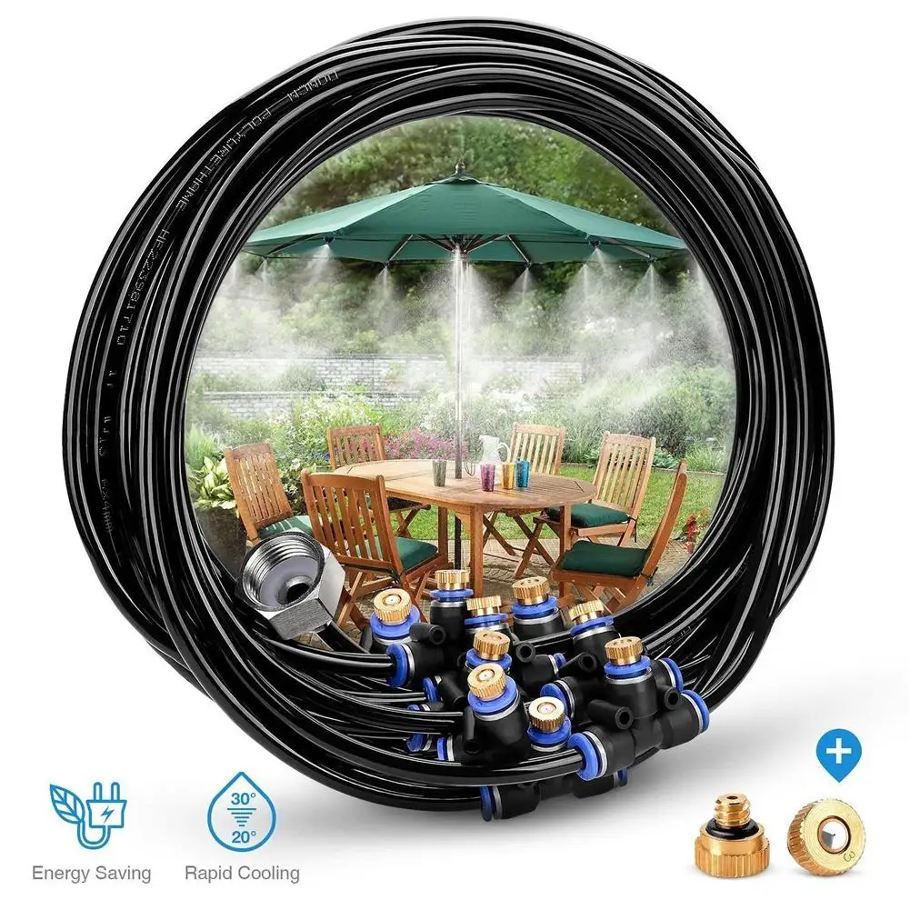 

8m Outdoor Misting Cooling System Set With 9 Brass Nozzles 3/4 Adapter For Court Yard