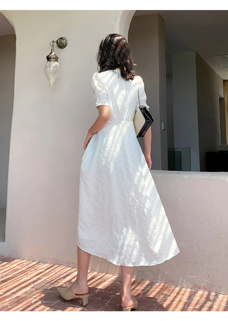 

[EAM] Women White Elegant Irregular Long Dress New V-Neck Short Puff Sleeve Loose Fit Fashion Tide Spring Summer 2021 1W513