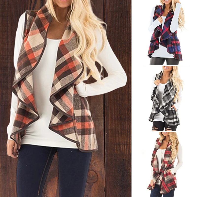 

Womens Sleeveless Vest Plaid Lapel Open Front Cardigan with Pocket Classic Sherpa Jacket Autumn Supply PR Sale