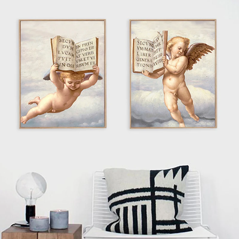 Летающий ангел ребенок мальчик христианская Библия печать книг на холсте стены
