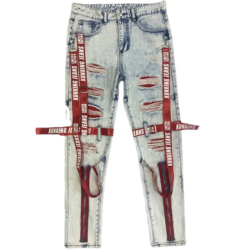 Autumn Personality Trend Slim-Fit Straight-Leg Jeans Men's Street Hip-Hop Ripped Fashion Young Men's Motorcycle Denim Trousers