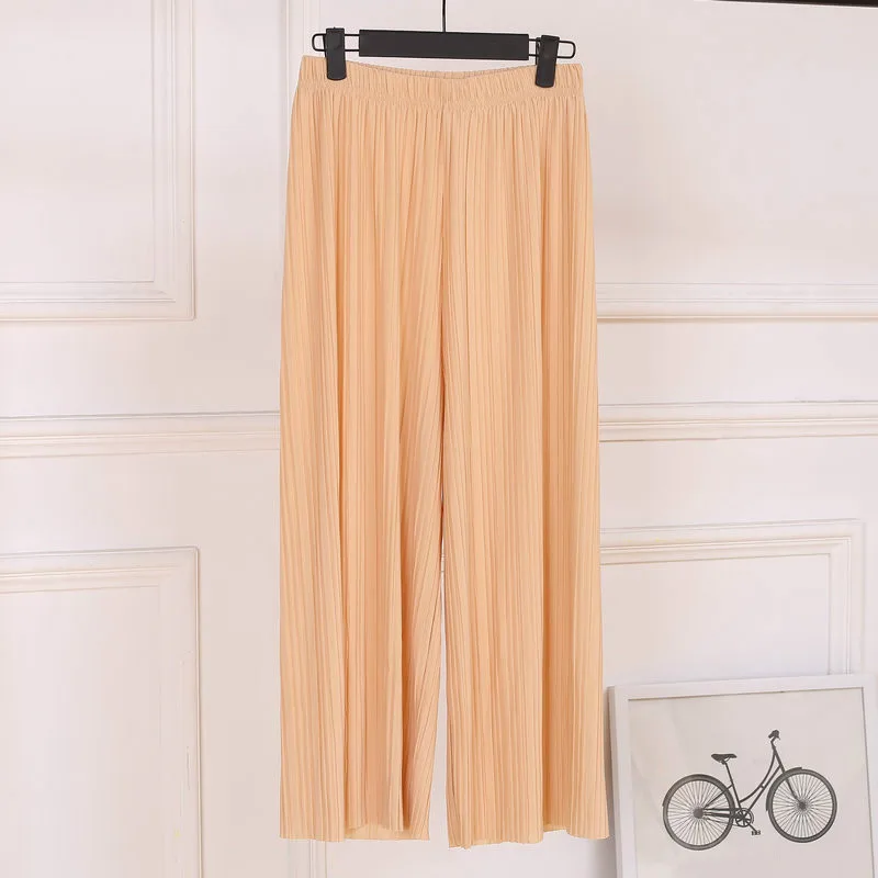 

Women Khaki Pleated Wide Leg Pants Summer Slim Loose High Waist Drape Trousers Girls Straight Casual Stretch Cropped Pants Hot