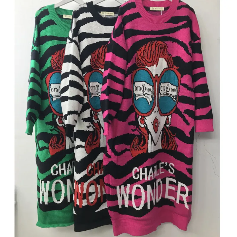 QING MO 2022 Spring New Women Clothing Printed Sweater Dress Large Size Black White Striped TT115Q | Женская одежда