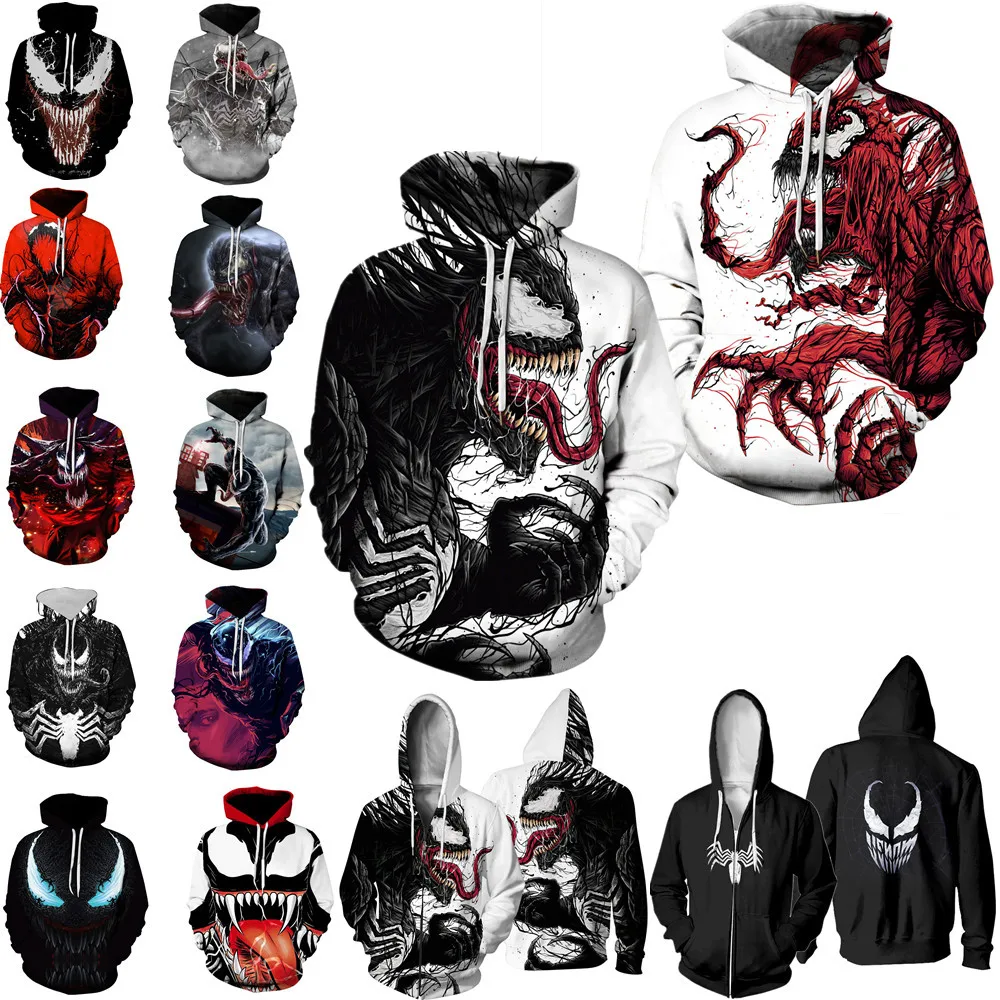 

Unisex Men Hooded Venom Spider 3D Printed Hoodies zipper hooded pullover hip hop tops Agent Venom Zip Up Hoodie Sweatshirt