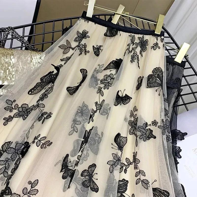 

2021 Chic Butterfly Embroidered Mesh Skirt Summer Pleated High Waist A-line Skirts Elegant Elastic Streetwear Multilayer Skirts