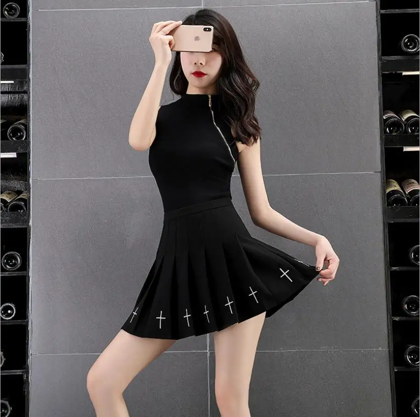 

Fashion Pleated Women Streetwear Wild Black Skirts Gothic A-line Embroidery Mini Skirt