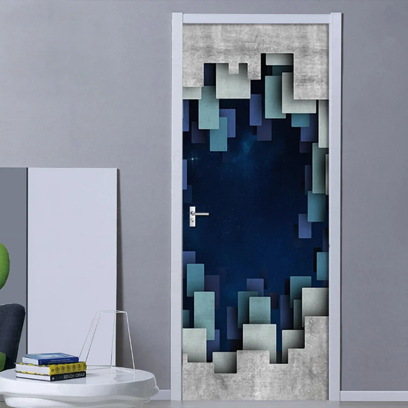 

DIY PVC Self-adhesive 3D Door Sticker Waterproof Removable Creative Geometric Space Art Wallpaper Living Room Door Decals Decor