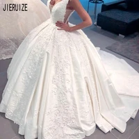 jieruize white satin ball gown wedding dresses v neck lace appliques backless vintage sleeveless bridal gowns robe de mariee
