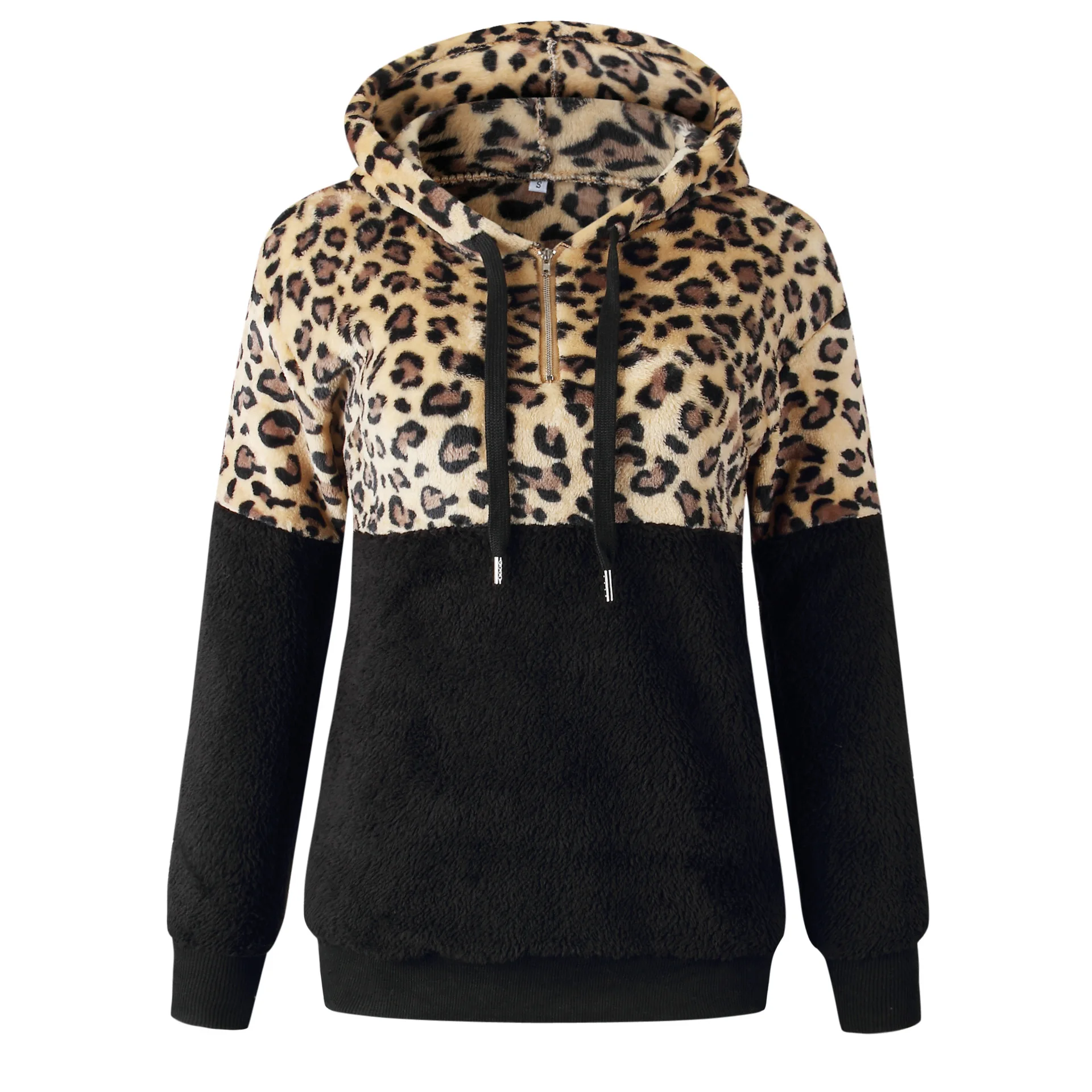 

Winter Cardigan Long Sleeve Ladies Sweater Shirt Leopard Print Zip Pocket Ladies Tops Plush Sweater Hooded Ladies Pullovers