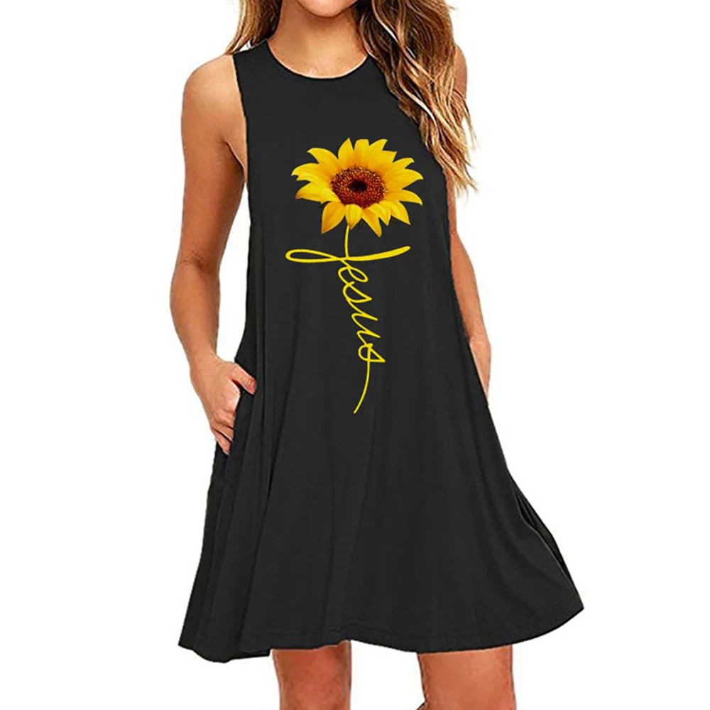 

Vicabo Women Dress Beach Short Dresses for Woman Sleeveless Mini Dress Ladies O-neck Pocket Sunflower Printed Vestido